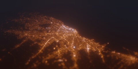 Street lights map of Buenos Aires (Argentina) with tilt-shift effect, view from south. Imitation of macro shot with blurred background. 3d render, selective focus