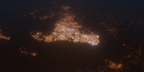 Street lights map of Belem (Brazil) with tilt-shift effect, view from west. Imitation of macro shot with blurred background. 3d render, selective focus