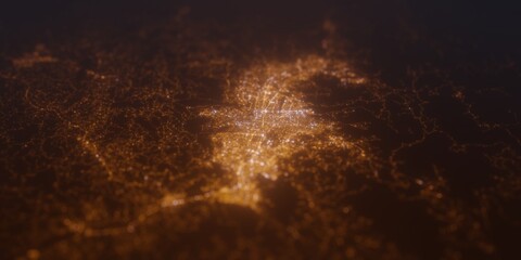 Street lights map of Medellin (Colombia) with tilt-shift effect, view from north. Imitation of macro shot with blurred background. 3d render, selective focus