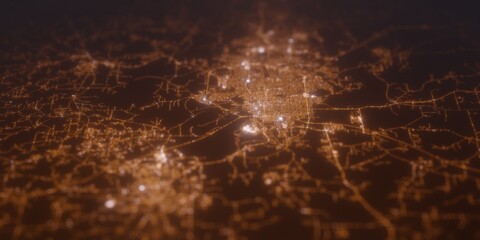 Street lights map of Montgomery (Alabama, USA) with tilt-shift effect, view from west. Imitation of macro shot with blurred background. 3d render, selective focus
