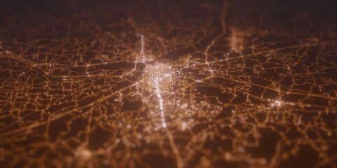 Street lights map of Hattiesburg (Mississippi, USA) with tilt-shift effect, view from west. Imitation of macro shot with blurred background. 3d render, selective focus