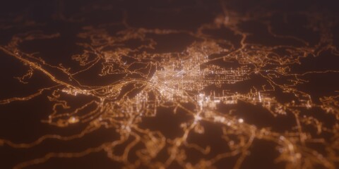 Street lights map of Missoula (Montana, USA) with tilt-shift effect, view from north. Imitation of macro shot with blurred background. 3d render, selective focus