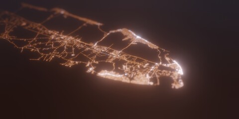 Street lights map of Cape May (New Jersey, USA) with tilt-shift effect, view from west. Imitation of macro shot with blurred background. 3d render, selective focus