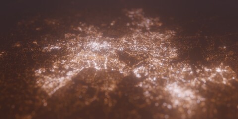 Street lights map of Raleigh (North Carolina, USA) with tilt-shift effect, view from north. Imitation of macro shot with blurred background. 3d render, selective focus