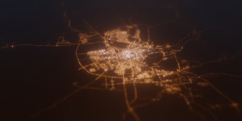Street lights map of Medina (Saudi Arabia) with tilt-shift effect, view from east. Imitation of macro shot with blurred background. 3d render, selective focus