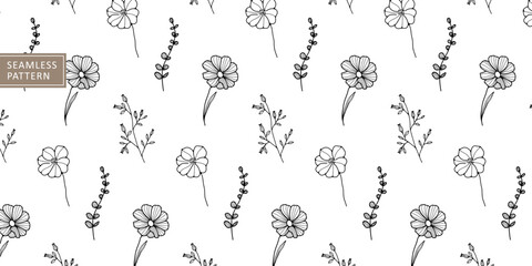 Black and white vector seamless pattern with flowers, wildflowers, eucalyptus branches, leaves for wallpapers, backgrounds, wrapping paper, covers and textiles