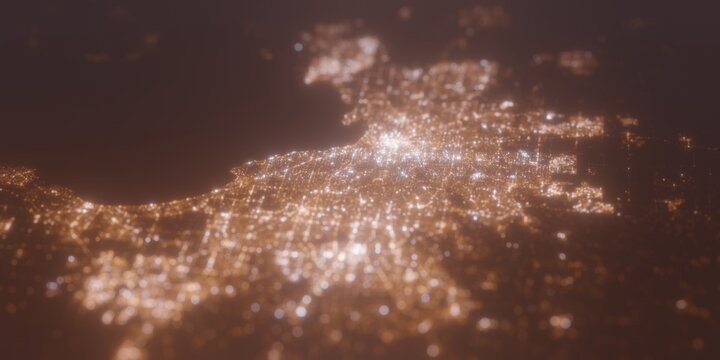 Street Lights Map Of Melbourne (Australia) With Tilt-shift Effect, View From East. Imitation Of Macro Shot With Blurred Background. 3d Render, Selective Focus