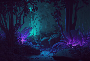 A Mystical Journey Through a 3D Bioluminescent Jungle: AI-Generated Render of a Vibrant, Colorful, and Glittering Landscape