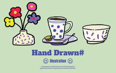 Set of Vector Various flowers in vases Cup coffee and crackers and bowl pencil outline hand drawn trendy style Abstract, illustration