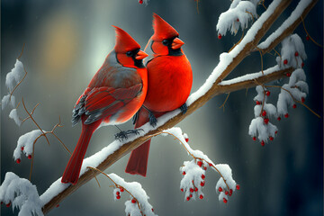 Two Red Cardinals Perched on a Snowy Branch - A Symbol of Love and Devotion