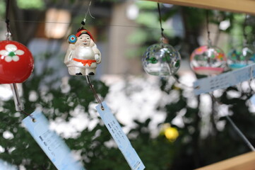 Glass wind chimes and wind bells with decoration paintings during summer in Japan