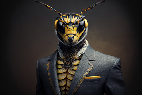 Portrait of a Wasp dressed in a formal business suit, generative ai