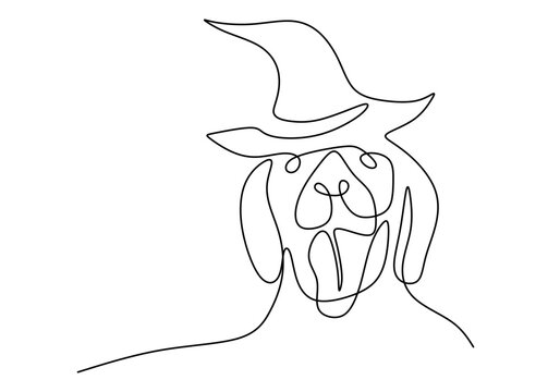 Hand drawing one line of dog use witch hat isolated on white background.