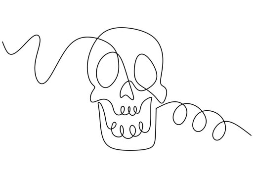 Hand drawing one line of skull head isolated on white background.