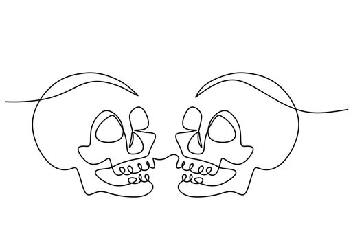 Hand drawing one line of two skull heads isolated on white background.