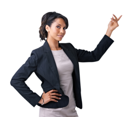 Portrait of a stern businesswoman posing with one hand on the hip and pointing with another hand Isolated on a PNG background. 