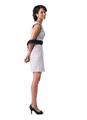 Fototapeta premium side view of a young businesswoman tied up with ropes Isolated on a PNG background.