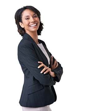 Portrait Of A Happy Young Businesswoman Smiling In A Formal Suit With Her Hands Crossed Isolated On A PNG Background.