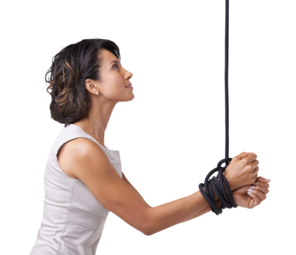 Side view portrait of a young businesswoman's hands tied up with ropes Isolated on a PNG background.