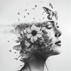 Surreal double exposure image of woman and flowers. Great for ads, book covers, posters and more.