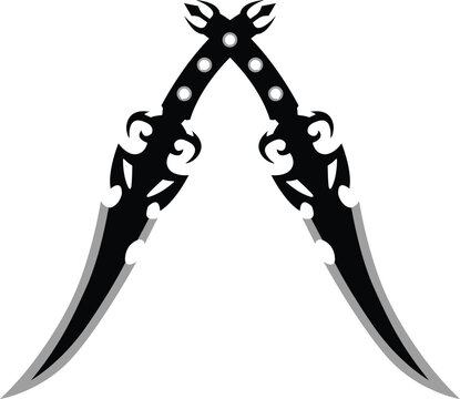 Crossed scimitar swords logo template with simple vector symbol in flat design