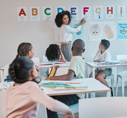Teacher, woman and school classroom with kids learning the alphabet and answer a question....
