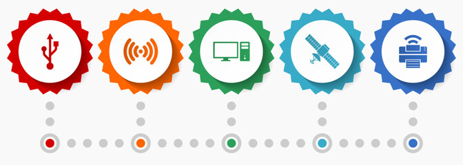 Technology vector icons, communication flat design web badges collection, business infographic template