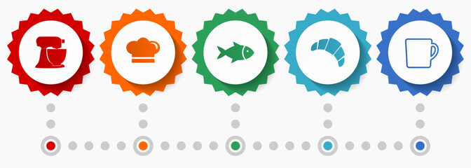 Cooking vector icons, kitchen and restaurant flat design web badges collection, business infographic template