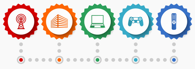 Technology vector icons, communications flat design web badges collection, business infographic template