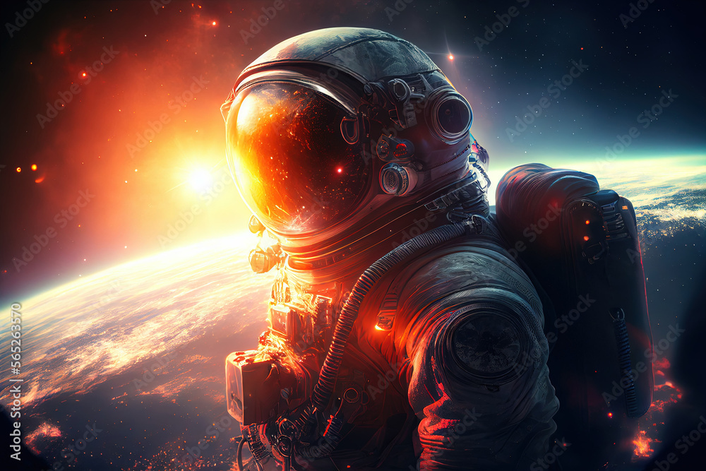 Wall mural astronaut in space suit flying in outer space with planet on background, close up. deep space explor
