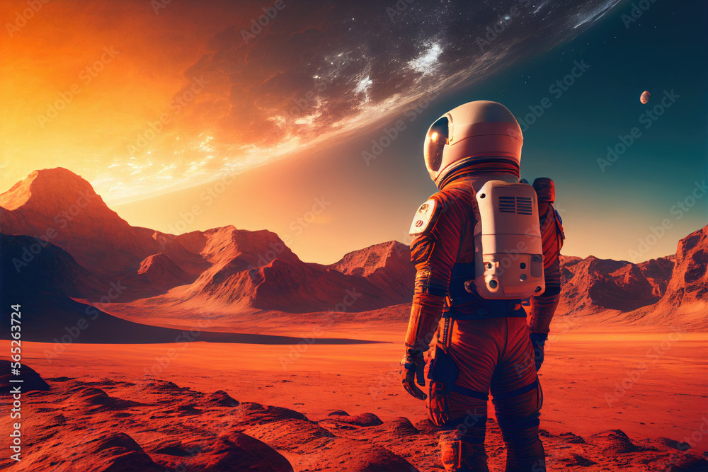 Canvas Prints alone astronaut in space suit on surface of red planet. space exploration, colonization of new plane