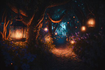 3d ramadan moon and lantern Fairy forest at night, fantasy glowing flowers and lights