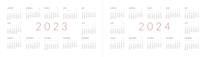 Set of 2023-2024 Annual Calendar template. Vector layout of a wall or desk simple calendar with week start monday. Horizontal Calendar design in black and white colors, holidays in red colors.
