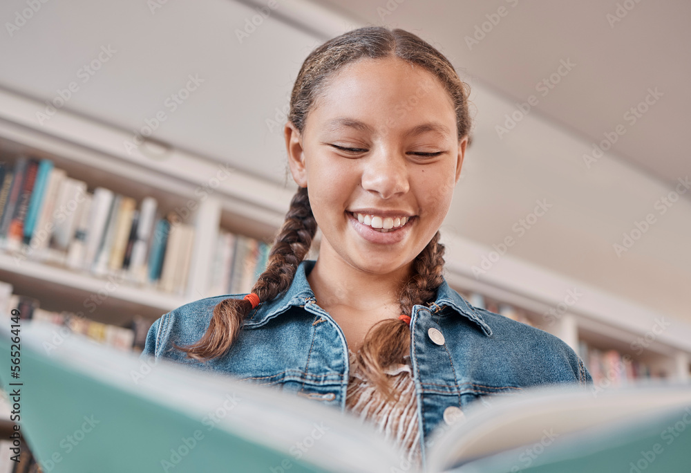 Aufkleber books, library or happy student reading a fun story for knowledge or development for learning growth