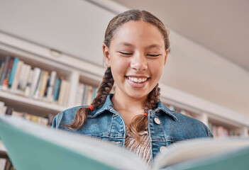 Books, library or happy student reading a fun story for knowledge or development for learning growth. Scholarship, education or excited young high school girl smiles with pride studying information