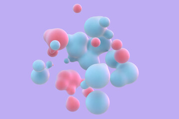 3D abstract liquid blobs on purple background. Concept of future science: floating spheres, molecular elements or nanoparticles. Fluid red and blue shapes in motion EPS 10, vector illustration. - 565264175