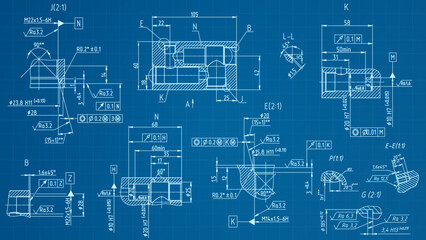 Technical background. Vector sketch. Set of cut parts with holes and grooves. Typical engineering views of parts elements. Light details with dimensions on a blue background.