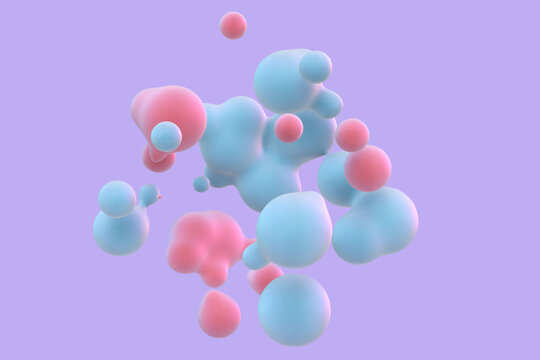 3D abstract liquid blobs on purple background. Concept of future science: floating spheres, molecular elements or nanoparticles. Fluid red and blue shapes in motion EPS 10, vector illustration.