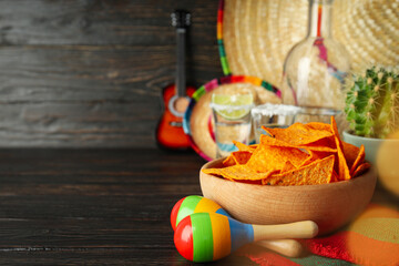 Concept of Mexico food, Tortilla and tequila, space for text