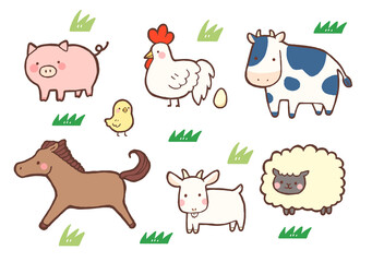 牧場のかわいい動物たちのイラスト
