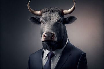 Portrait of a Bull dressed in a formal business suit, generative ai