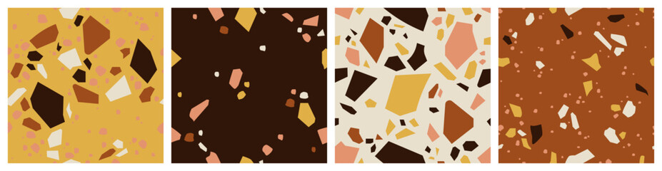 Collection of seamless patterns, terrazzo background set, the repeating texture of a classic Italian Venetian style floor made of natural stone, granite, quartz, marble, glass and concrete.