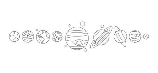 Solar system planets order from sun, space objects. Sun, Earth, Mercury, Jupiter, Saturn, Uranus, Jupiter, Saturn, Pluto, Venus, Neptune. Astronomy, space and science thin line vector illustration © Sunflower