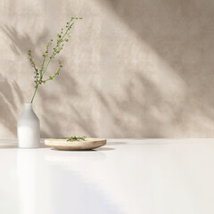 Modern white vase with green plant, wooden plate on stone counter table with space in sunlight,...