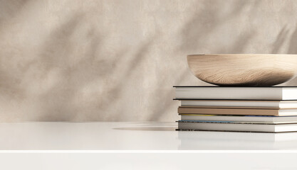 Wooden bowl, stack of books on white stone counter table with space in sunlight, leaf shadow on...