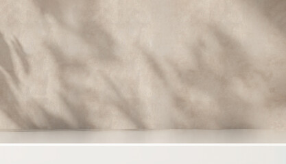 Minimal empty white marble stone counter table top in sunlight, tropical leaf shadow on beige brown...