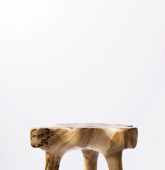 Beautiful grain, natural shape wooden podium table in sunlight, leaf shadow on isolated white background for luxury organic cosmetic, skincare, beauty treatment product display 3D 