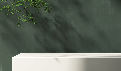 Minimal, modern white marble stone counter table, tropical tree in sunlight on matte texture green wall background for luxury fresh organic cosmetic, skin care, beauty treatment product display 3D