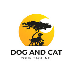Acacia Tree with Dog and cat Silhouette for Safari Adventure. Sunrise Logo Design Vector