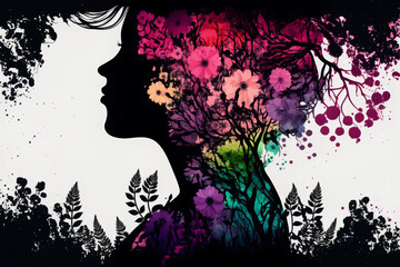 Woman silhouette with plants and flowers. Woman's Day concept. Blossom, power of women. Generative AI.